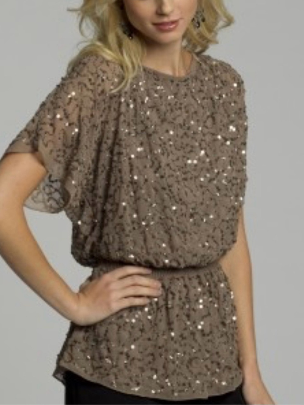 Adrianna Papell Sequin Taupe Blouson Top Size M